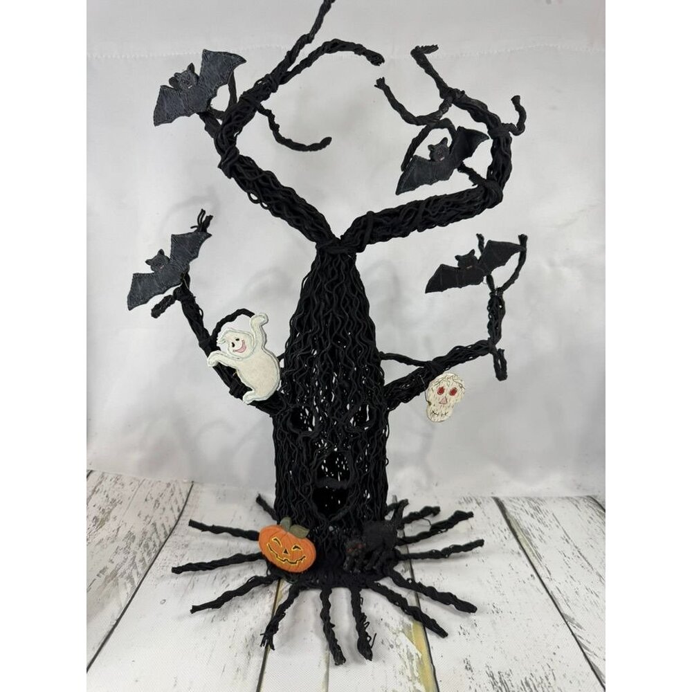 Black Coated Wire Spooky Halloween Tree With Ghosts Bats Jack-O-Lantern & Skull